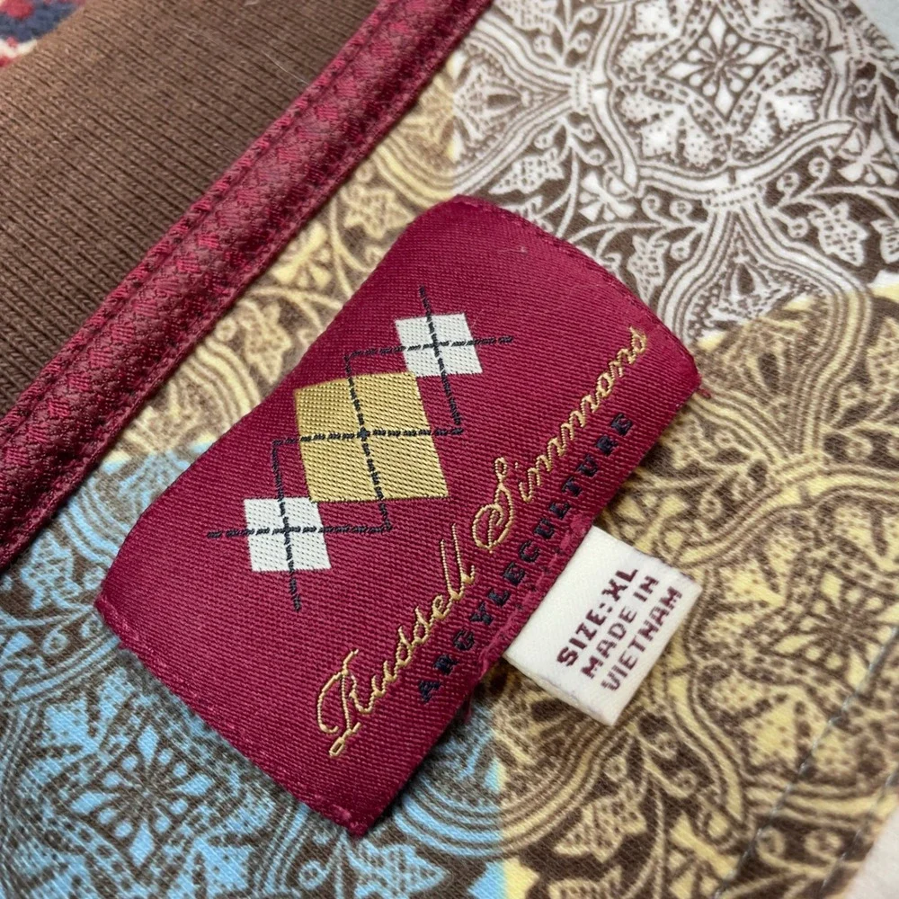 Russell Simmons Argyleculture Mens XL Polo Shirt Brown Blue Argyle Paisley Print